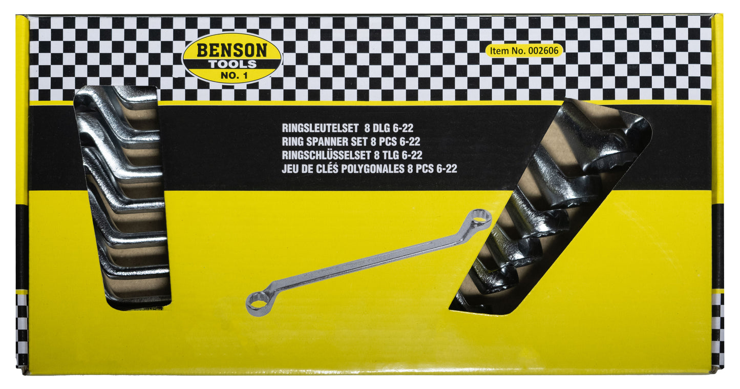 Verpackung eines Ringschlüsselsatzes (8-teilig, Größen 6–22) von „Benson Tools“ in schwarz-gelbem Design mit Sichtfenster